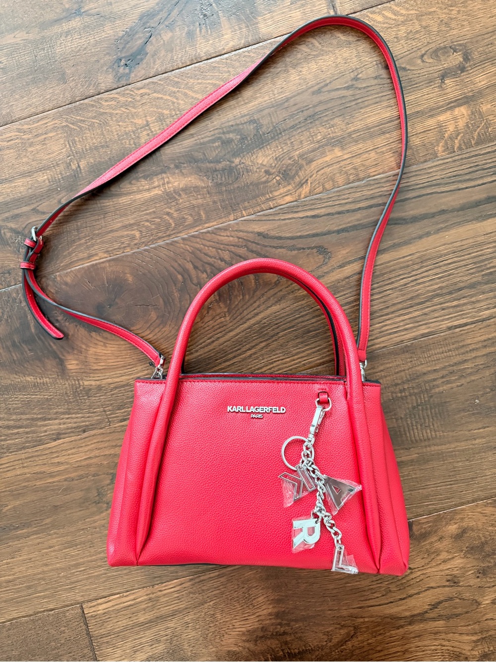 Karl Lagerfeld Red Pebbled Leather Crossbody Satchel with Charm